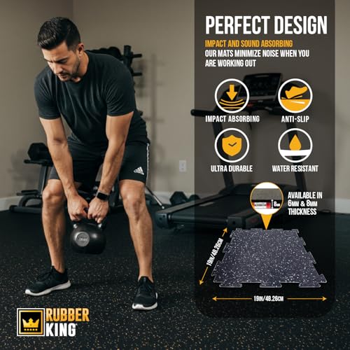 Rubber King 10 Piece Interlocking Tiles 19" x 19" x 6mm - 100% Recycled Rubber Gym Floor Tiles, Exercise Mat for Home Gym, Anti-Slip Low-Odor Interlocking Puzzle Floor Tiles - 23.5sq ft - Blue/Grey