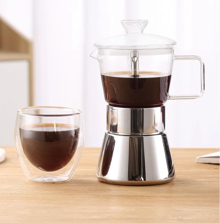 High Borosilicate Glass Top Stove Espresso Mocha Pot, Double Valve Stainless Steel, Classic Italian Coffee Machine, 240ml/8.2oz (4/6 Cup)