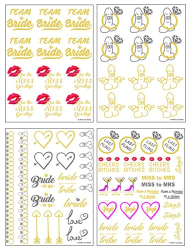 QTni Bachelorette Party Tattoos - Metallic Shiny Temporary Flash Tattoos To Dress Up Your Body for Girls's Night Out Last Fling Before The Ring - Set of 69