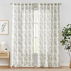 jinchan 100% Blackout Curtains for Bedroom 96 Inches Length Linen Curtains Tropical Green Leaf Print Botanical Window Treatment with Lining for Living Room Farmhouse Country Drapes Set 2 Pan