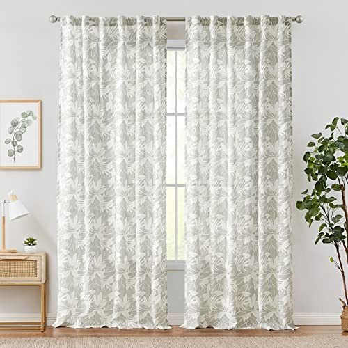 jinchan 100% Blackout Curtains for Bedroom 96 Inches Length Linen Curtains Tropical Green Leaf Print Botanical Window Treatment with Lining for Living Room Farmhouse Country Drapes Set 2 Pan