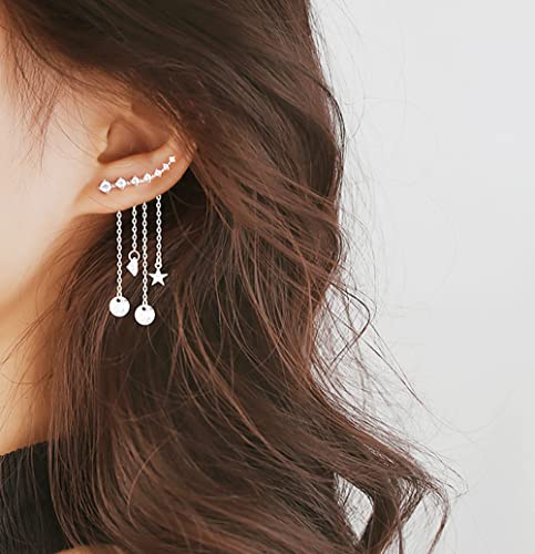 Reffeer 925 Sterling Silver Crawler Earrings Tassel Chain Dangle For Women Girls 7 Crystal Cuff Earrings Chain Wraps Climber #TOP2