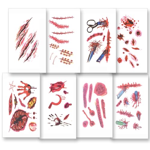 10 Sheets Halloween Temporary Tattoos, Bloody Scar, Stitches & Wound Stickers, Realistic Fake Tattoos for Halloween Makeup & Cosplay, Safe Eco-Friendly Adhesive, Long-Lasting, A-011— A-020