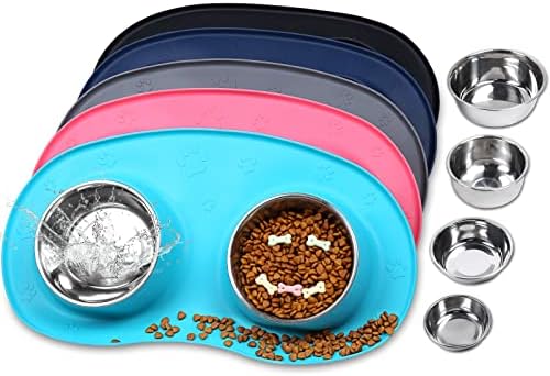 VIVAGLORY Dog Bowls for Small Dogs Stainless Steel Cat Puppy Feeding Bowls with Wider Non-Skid Non-Spill Silicone Mat, 200ml Each, Grey