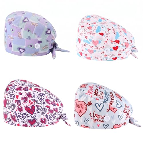Ziyonix 4 Stück OP Haube Baumwoll Peeling-Mütze mit Schweißband und Knöpfen Chirurgische Hut Staubkappe Verstellbar Bandana Cap Kochmütze für Damen Herren (A)