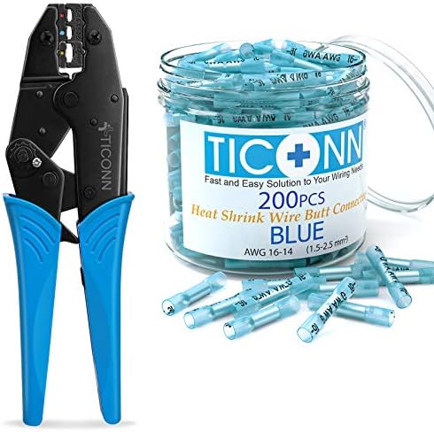 TICONN Crimping Tool+200PCS AWG 16–14 Heat Shrink Butt Connectors...