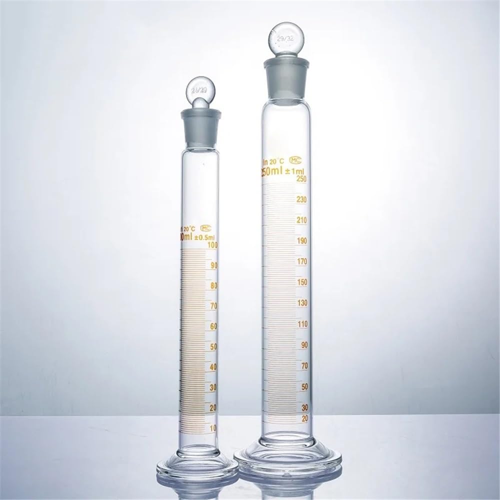 Cristalería de Laboratorio Probeta graduada de 250 ml con tapón de vidrio esmerilado y base redonda de vidrio.