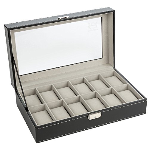Zeeshy 12- slot Watch Box Black Pu Leather Diaplay Case Organizer Glass Top with Key Lock
