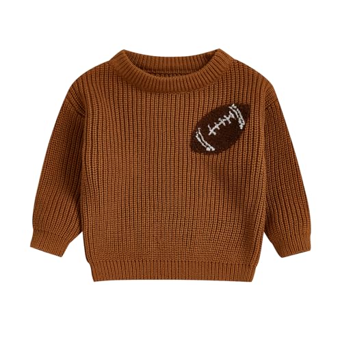 Dewadbow Toddler Kids Fall Winter Outfits Football Rugby Embroidered Sweater Oversized Long Sleeve Knitted Sweatshirt (Brown Rugby, 12-18 Months)