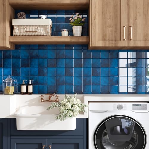 CRE8TIVE 16 Sheets Peel and Stick Tile Backsplash, 12"x12" Kitchen Backsplash Tiles, Removable Adhesive Back Splash Stick on Tiles for Kitchen, Bathroom, Shower Walls, Fireplace, Dark Blue Square Tile by CRE8TIVE - Image 4