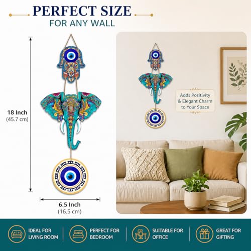 Image of Evil Eye Wall Hanging for Home Entrance | Nazar Suraksha Decorative Hanging | Blue Evil Eye Protection Charm | Handmade Wall Decor for Home, Office, Shop & Temple (Elephant)