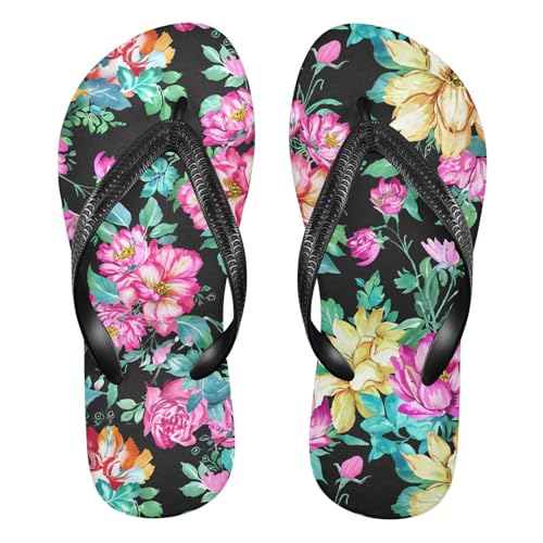 Blossom Floral Black Flip Flops for Beach Thong Sandals Anti-slip Lightweight Beach Shoes for Summer Swim Travel