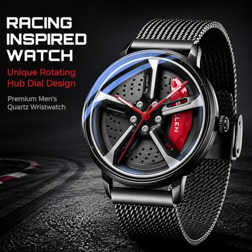 Image of Men's Car Wheel Watches, Stylish Racing Rotating Dial Analog Watches | Japanese Quartz, Luminous Function, 30M Waterproof, 360 Rotating Dial, Casual Luxury Wrist Watch, Gift for Car Enthusiast
