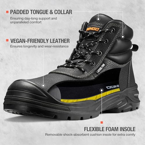Image of NINGO Steel Toe Work Boots for Men, Non Slip & Puncture Resistant Construction Boots with Breathable Lining, EH Protection, Comfortable Mens Safety Leather Work Shoes for Industrial, Walking Warehouse