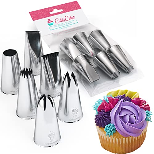 CukkiCakes 6er Set Profi Spritztüllen große (1M, 2D, 4B, 1A, 124 und 895) zum Dekorieren von Torten, Cupcakes, Churros, Krapfen - Tüllen kompatibel mit Spritzbeutel / Spritzsack - Made in Korea