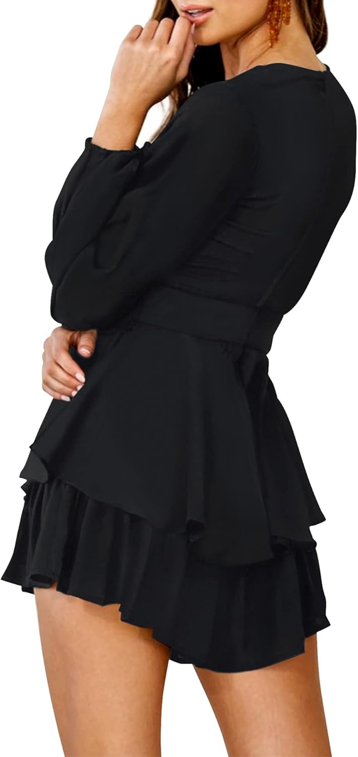 AIMCOO Women's Floral Print Deep V-Neck Romper Double Layer Ruffle Hem Jumpsuits Long Baggy Sleeves Waist Tie Short Rompers - Image 5