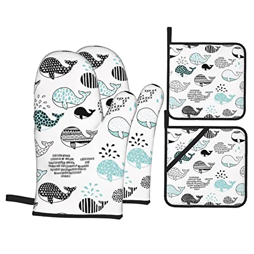 Cute Abstract Whale Oven Mitts And Pot Holders Sets Of 4 Heat Resistant Thick Non-Slip Oven Mitts, Oven Gloves Pot Holders Set For Cooking, Baking Grilling And Bbq #TOP6