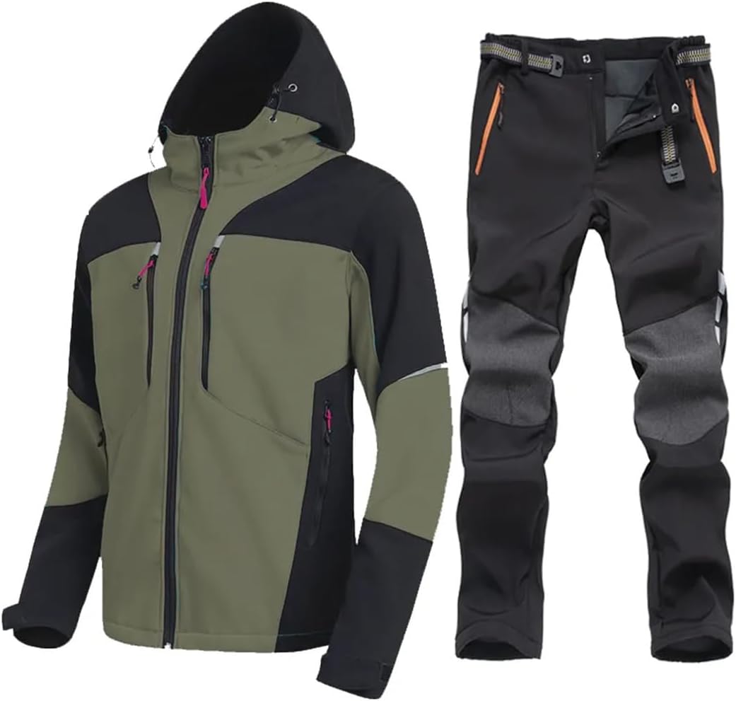 Outdoor Waterproof Fleece Softshell Hiking Jacket And Pants Trekking Camp Hooded Coat Pants