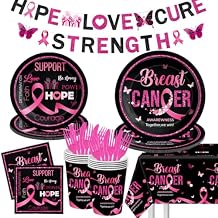Breast Cancer Awareness Tableware-142Pcs Pink Ribbon Plates and Napkins Kit Hope Love Cure Party Decorations Black Pink Disposable Tableware for Women Charity Activities