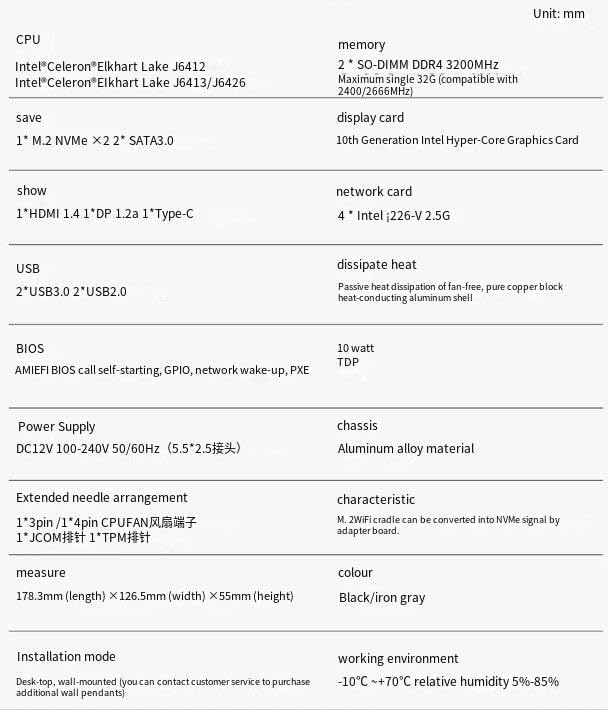 Mini Desktop Firewall Appliance,4*I226 2.5G LAN, Fanless Mini PC Celeron J6412,Micro Router Appliance for Home Officer,DDR4 M.2 NVMe(PCIe3.0x2),HD/DP/Type-C Display,2 x SATA3.0,NO RAM NO SSD