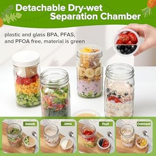 Fusnugk 4 Pack Glass Salad Mason Jars with Lids Meal Prep-32 oz Mason Jars Wide Mouth Salad Container for Lunch With Long Sporks-Leak-proof & Separate Compartments for Dressing and Dry Ingredients