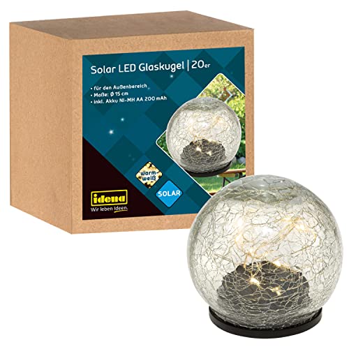 Idena 31244 - LED Glaskugel mit 20 LEDs in Warmweiß, transparente Kugel, Solarlampen für Außen, inkl. Solarmodul und Akku, ca. 15 cm groß, als Party Deko, Dekoration für Garten, Terrasse und Balkon