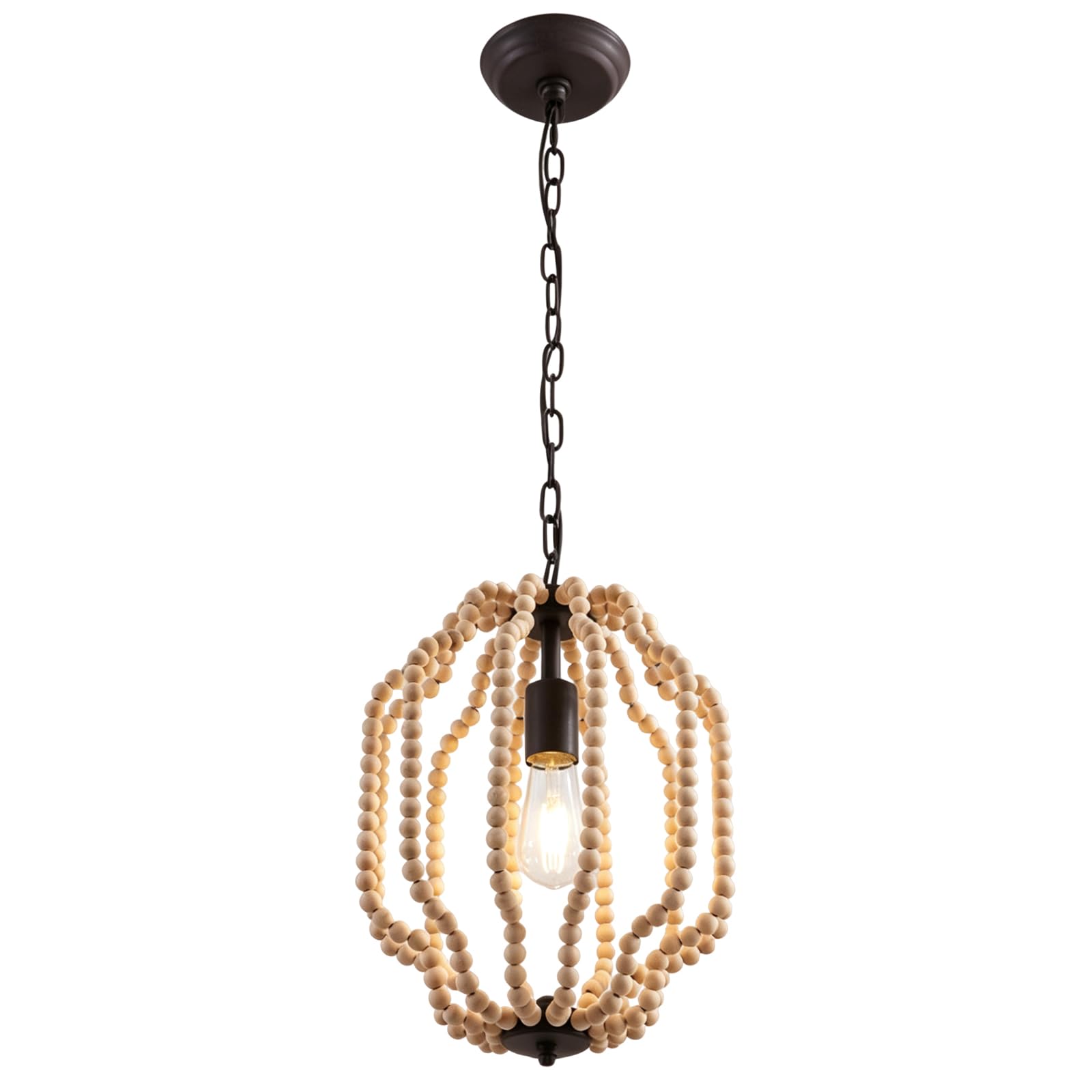 WLBHWL 1-Lights Bohemia Wood Beaded Chandelier Farmhouse Antique Rustic Pendant Light 11" Industrial Hanging Ceiling Lighting Fixture for Bedroom Kitchen Island Dining Living Room