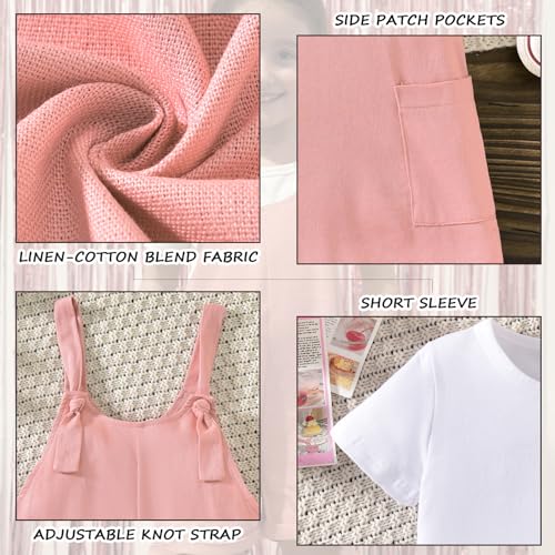Image of HINTINA Toddler Girl Overall Shorts Set Adjustable Loose Jumpsuit Short Sleeve T-shirt Vacation Summer Outfits with Pockets