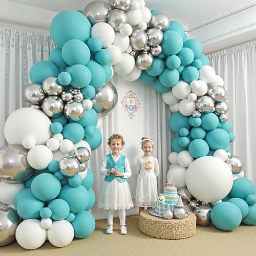Image of 412Pcs Teal Silver White Balloon Garland Arch Kit, 18 12 10 5 Inch Different Size White Metallic Silver Teal Balloons Balloons,for Birthday Party Graduation Baby Shower Wedding Holiday Decoration