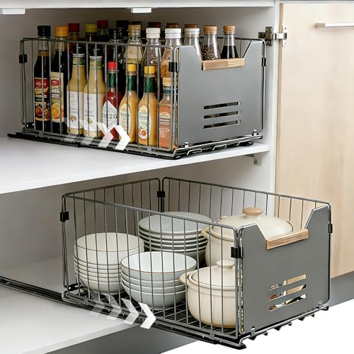 AiQInu Set di 2 Cassetti Estraibili, Organizzatore per Mobile senza Fori, Guide per Cassetti della Cucina, Scorrevole Silenzioso per Dispensa, Bagno, Facile da Installare, 37.5x24.5x19cm