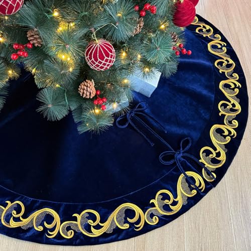 Starry Dynamo 60-Inch Velvet Christmas Tree Skirt with Golden Swirl Embroidery and Lace Tie Closures, Royal Blue