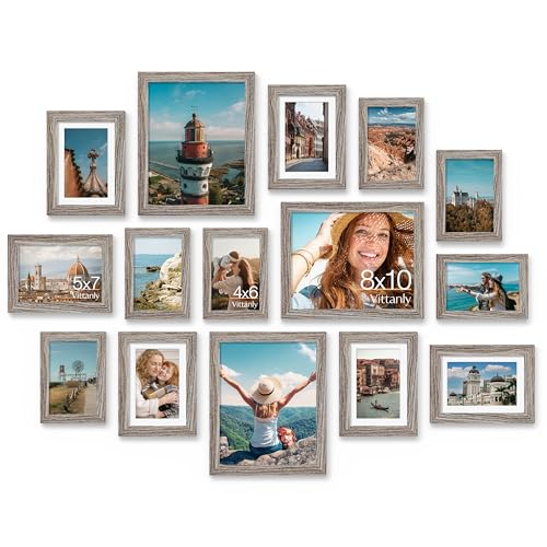 Image of Vittanly 15 Pack Picture Frames Collage Wall Decor for Mounting or Tabletop Display, Gallery Frame Set for Family, Multi Sizes Including 3pcs 8x10, 6pcs 5x7, 6pcs 4x6, Dark Grey