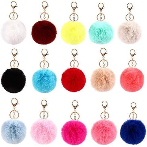 NALCY 15 Pcs Fluffy Pompoms Keychain, Plush Fluffy Keychain Snowflake Furry Keyring for Kids and Adult Birthday Party Supplies Favors, Christmas Festival Decoration (15 Colors) Cover