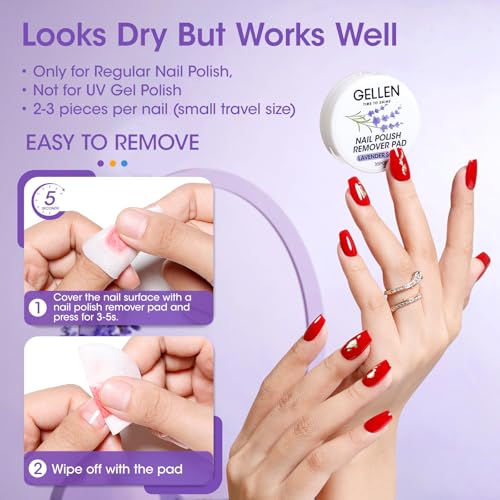 Gellen Nail Polish Remover Pads, Perfect for Travel, Outdoor | Non-Acetone, Jojoba & Vitamin E | 140pcs Lavender Scent Wipes For Finger Toe Nails, No Leakage, Looks Dry But Works, Not for Gel Polish