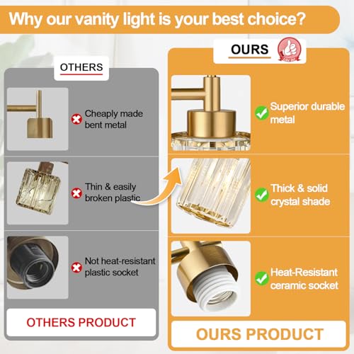 Image of Modern Crystal Bathroom Vanity Light, 2-Pack Brushed Gold Vanity Light with Clear Crystal Shades, Bathroom Light Fixtures Over Mirror (Bulbs Not Included)
