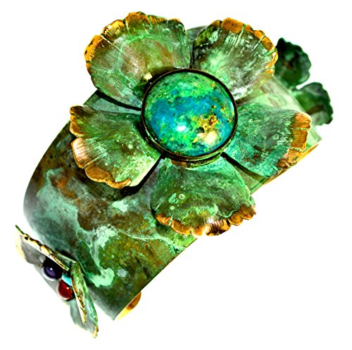 Elaine Coyne Verdigris Patina Tapered Floral Wearable Art Cuff Bracelet - Genuine Turquoise