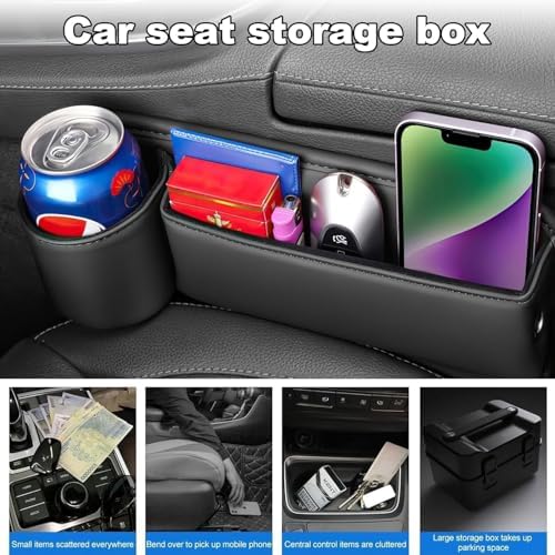 2Pcs Car Seat Gap Bag, Car Leather Cup Holder Gap Bag, Car Seat Gap Filler Organizer with Cup Holder, Car Seat Organizer Adjustable Cars Seat Storage Box for Storage Drinks Phones and Keys (Black) — view 6