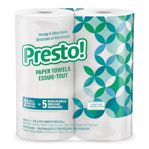 Amazon Brand - Presto! Flex-a-Size Kitchen Paper Towels 2-Ply Strong and Absorbent 128 Sheet Family Roll 2 Rolls