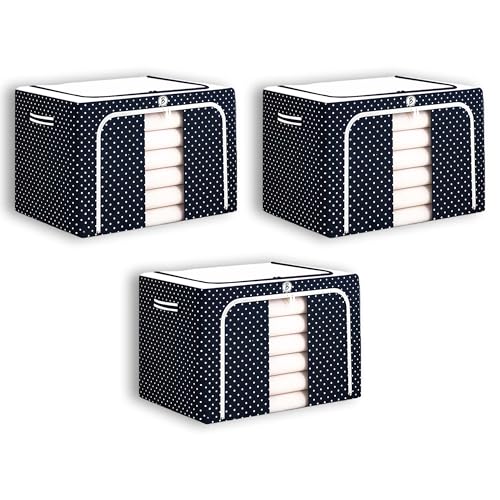 Image of BTAG Pack of 3 Assorted Storage Baskets (49L x 39W x 30H CM) Non-Woven Foldable Wardrobe Organizer with Metal Frame Rectangle, Storage Box with Handles for Clothes, Books, Toys, Blankets & Closet Use.