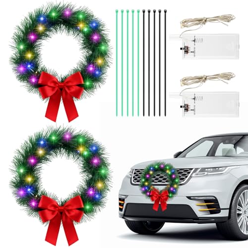 Yuxung Guirlanda de Natal para carro de 33 cm com 20 pequenas luzes brancas decoração de carro de Natal com laço vermelho e estojo de bateria para decorações SUV Hoilday de inverno (colorido)