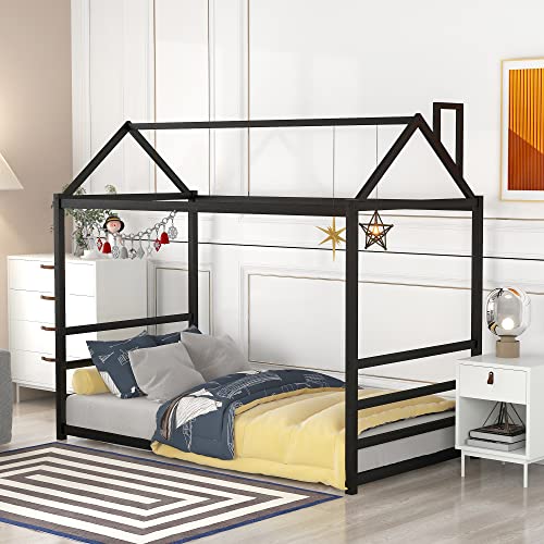 MOEO-Twin-Size-Metal-House-Platform-Bed-Floor-Steel-Bedframe-with-Roof-for-Kids-Teens-Adults-Chimney-Design-No-Box-Spring-Need-Black