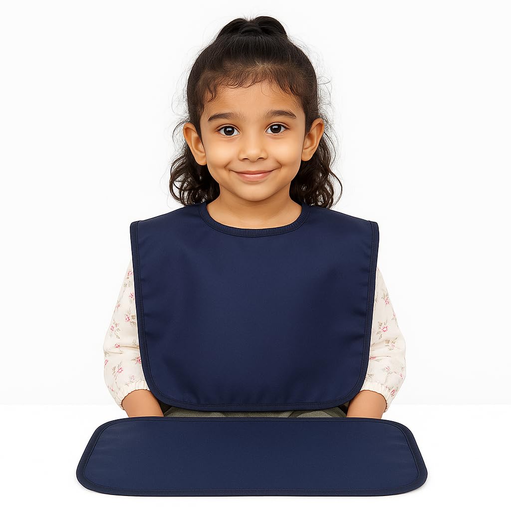 Waterproof Kids Bib with Food Mat | Lightweight & Foldable | Multi-Functional Clothing Protector for Boys & Girls (6-12 Years) | School Lunch, Eating, Painting, Craft & Travel(Navy Blue)-picture-10