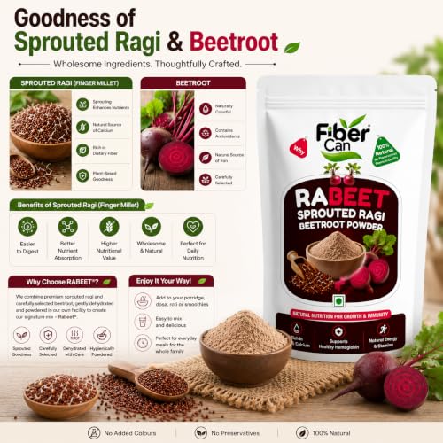 Image of FiberCan Rabeet Sprouted Ragi Flour & Beetroot Powder 300g | Ragi Beetroot Health Mix | Finger Millet & Beetroot Blend | No Added Sugar | Gluten Free | Ideal for Porridge, Health Drinks & Everyday Cooking