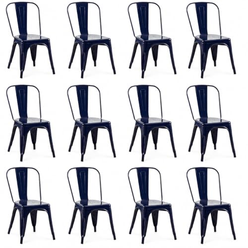 Image of Metal Dining Chairs with Backrest, Stackable, Dark Blue, 12 Pack | Easy Assembly, Non-Slip Feet, 330 lb Capacity, Kitchen, Restaurant, Cafe, Pub, Covered Patio