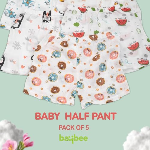 Image of BAYBEE 100% Organic Muslin Baby Cotton Shorts - Summer Wear Half Pant Boxers for Infant, Toddler & Newborn (Assorted, Pack of 5)