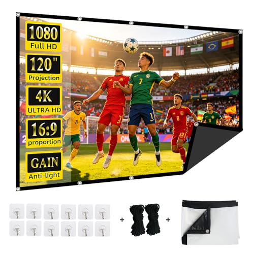 Image of 120-Inch Anti-Light Projector Screen, 4K HD 16:9 Portable Outdoor Movie Screen, Black Backing Foldable Indoor Projection Screen with High Gain & 160° Viewing Angle for Home Theater, Camping