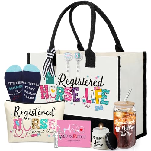 Skylety 9 Pcs Registered Nurse Gifts Set for Women Trapezoid Grocery Canvas Tote Bags with Handle Glass Jar Tumbler Scented Candle Badge Reel Holder Novelty Socks Nurse Appreciation Congrats Gift