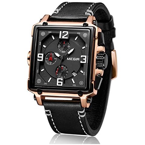 MEGIR Rectangular Men's Watch Classic Chronograph Black Square Leather Wrist Watches Cover