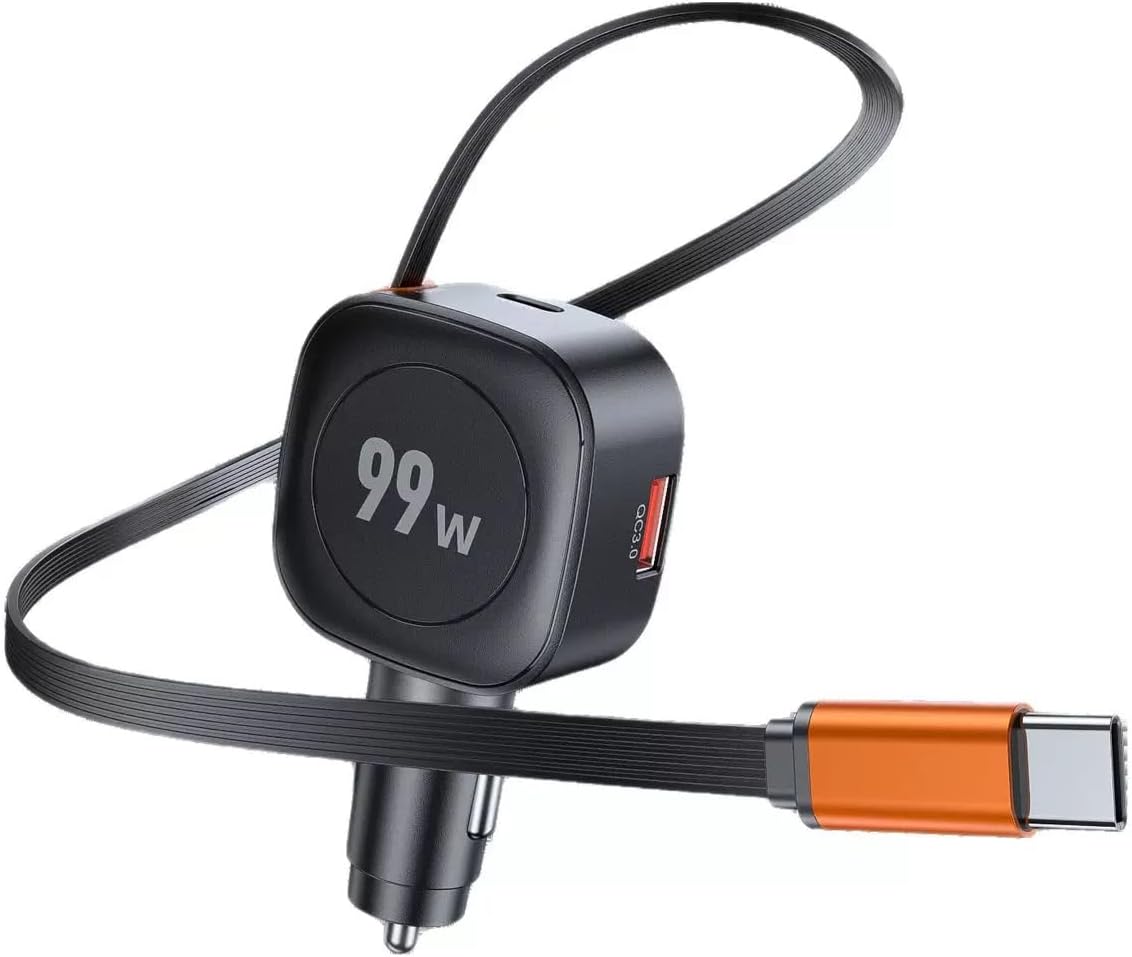 99W USB C Car Charger with Fast Charging Type-C Cable, 3-in-1 Cigarette Lighter Adapter with Built-In USB-C Cable, PD Fast Charge Multi-Port Auto Charger for 12V-24V Vehicles