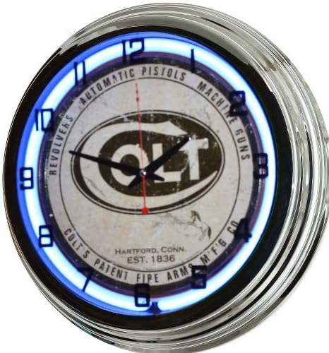 17" Blue Neon Wall Clock, Colt Firearms, Revolvers Pistols Machine Guns